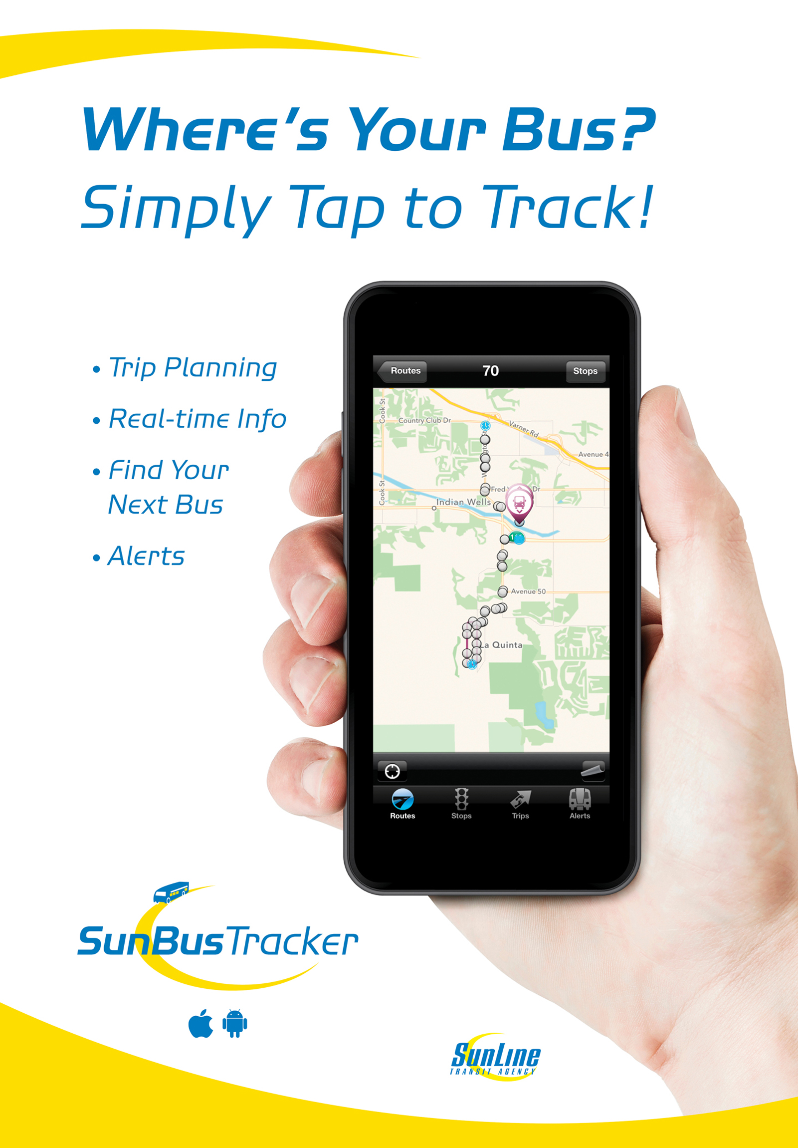 Hand holding mobile device with SunBus Tracker on screen