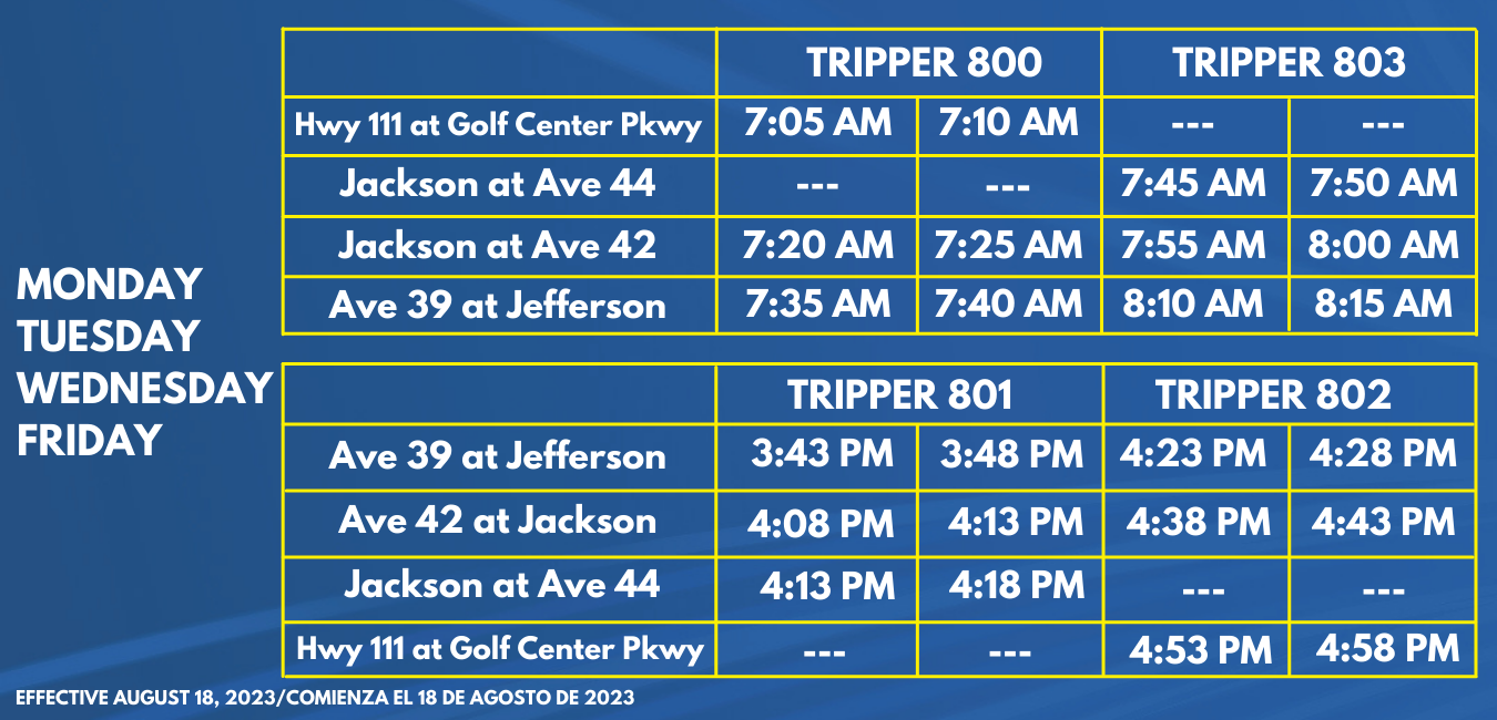 School Trippers Shadow Hills Indio 800, 801, 802 & 803 Monday, Tuesday, Wednesday and Friday