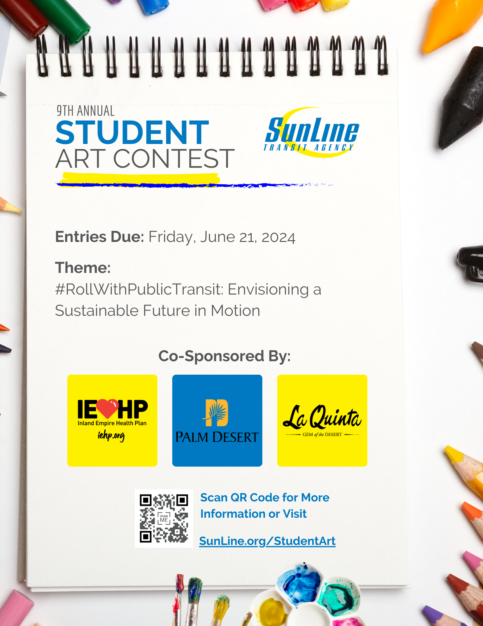 Flyer of 9th annual student art contest with the theme and sponsors and a qr code and link for art submission