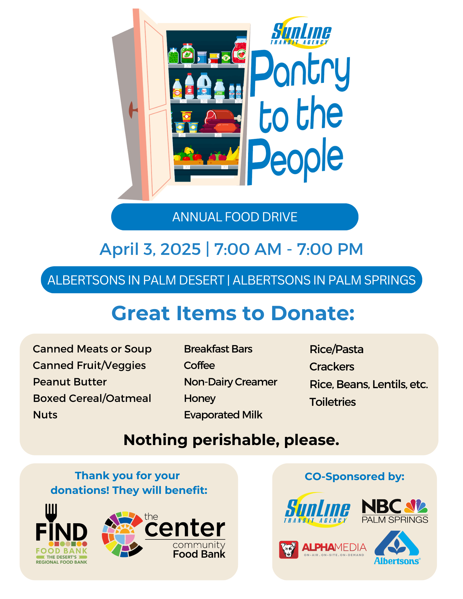 Flyer for Food drive listing the needed items, canned goods, rice, beans, peanut butter