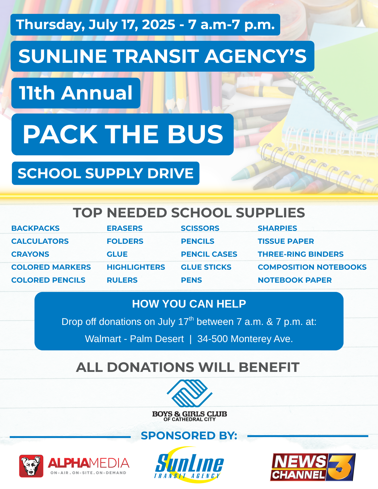 Flyer of 2024 Pack the Bus event with the details of the date and time and location
