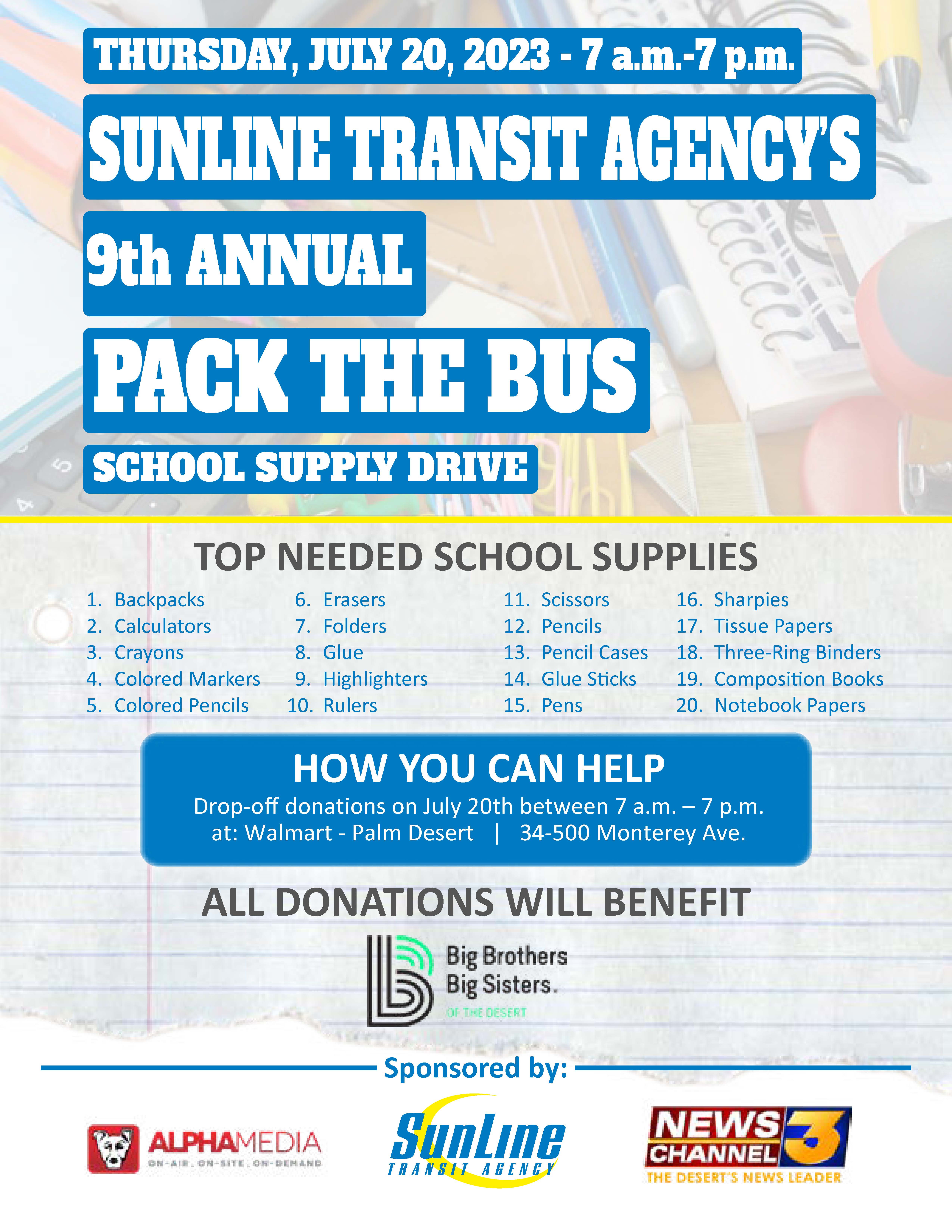 9th Annual Pack the Bus school supply drive flyer