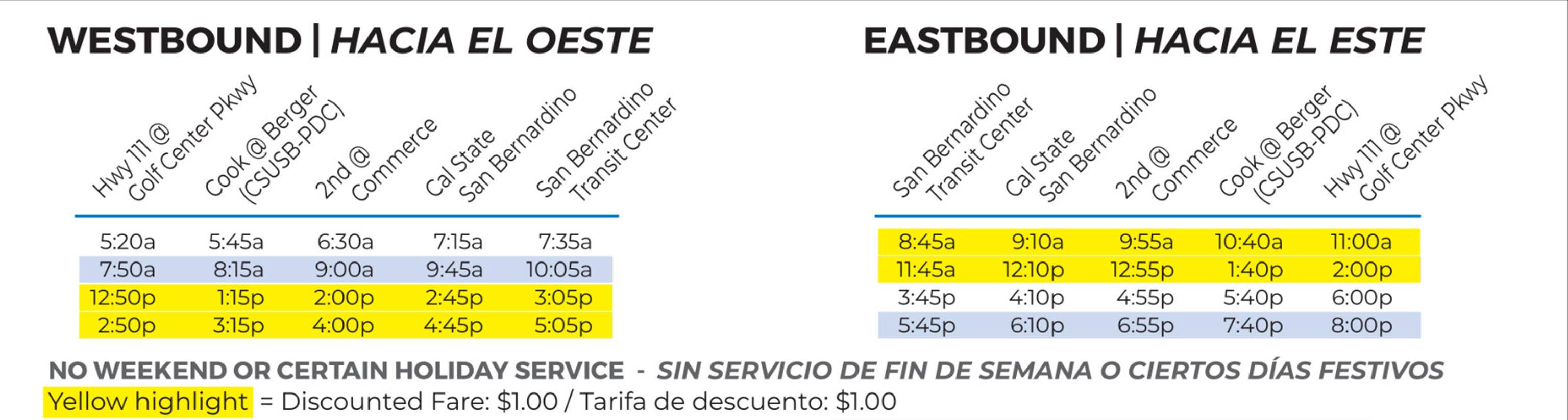 Westbound and Eastbound Schedule
